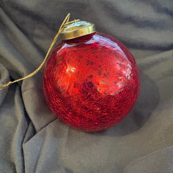 Large Round Heavy Red Mercury Crackle Glass Kugel Ornament, Germany - Picture 1 of 3